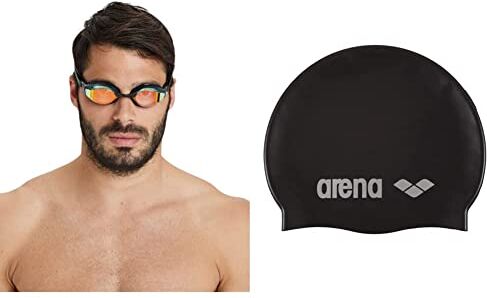 Arena Airspeed Mirror Occhialini Nuoto da Gara Anti-Appannamento Unisex Adulto, Occhialini Piscina con Ampie Lenti, Protezione UV & Classic Silicone, Cuffia Unisex Adulto, Nero