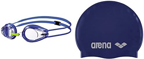 Arena Tracks Junior Occhialini Nuoto da Gara Anti-Appannamento per Bambini, Occhialini Piscina con Protezione UV, 4 Ponti Nasali Intercambiabili & Classic Silicone, Cuffia Unisex Adulto, Blu