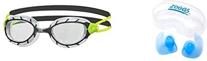 Zoggs Predator Occhialini da Nuoto Unisex Adulto, Nero/Lime/Trasparente, Regular & 300659, Tappi per Le Orecchie Unisex Bambini, Blu, 14+ anni