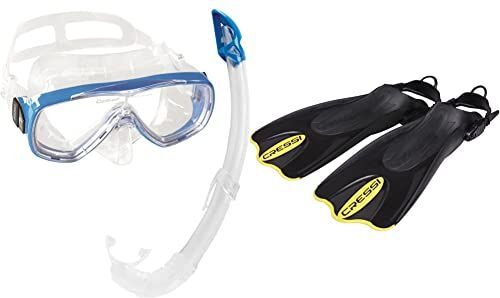 Cressi Onda Mare Combo Set Maschera Sub Onda e Snorkel Mexico, Trasparente/Blu & Palau Saf Pinne Corte Regolabili per Nuoto e Snorkeling, Unisex, Nero/Giallo, M/L (41/44)