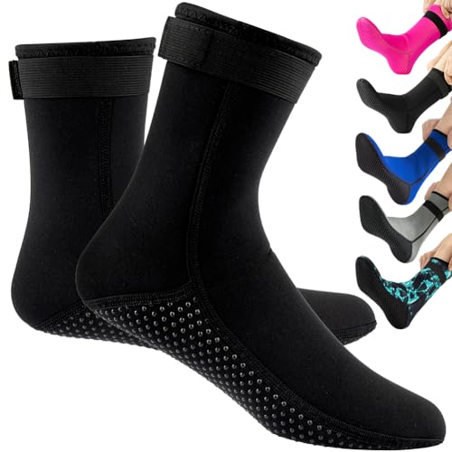 HINATAA Calzini in Neoprene 3mm,Calzini Immersione Caldi Antiscivolo,Neoprene Socks Resilient con Velcro,Calze termiche Snorkeling,Calzini beach volley nuoto subacquee surf vela kayak (S, Nero)