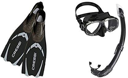 Cressi Pluma Pinne di Alta Qualità per Immersioni, Apnea e Snorkeling, Unisex – Adulto, Nero/Argento, 41/42 + Perla Mare Combo Set Maschera Sub Perla e Snorkel Mexico, Nero