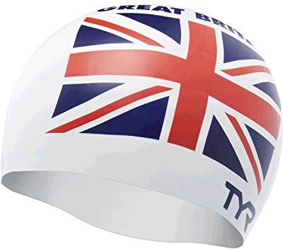 TYR Great Britain Silicone Fit, Cuffia da Piscina con Bandiera United Kingdom Unisex-Adult, White