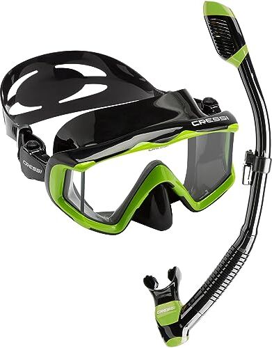 Cressi Pano 3 & Dry, Combo Set Maschera Subacquea Unisex – Adulto, Nero/Verde Fluo, Taglia Unica