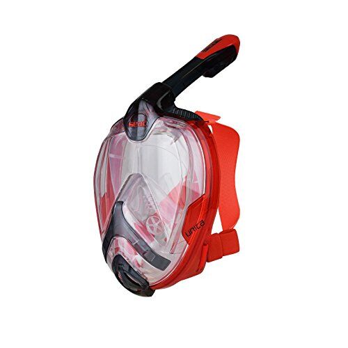 SEAC Unica, Maschera Subacquea Integrale in Silicone per Snorkeling, Full Face Mask con Visione 180°, Borsa Porta Maschera, L/XL, rosso/nero