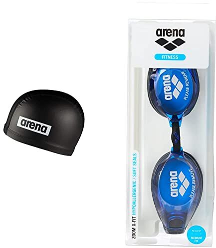 Arena Light Sensation II, Cuffia Unisex Adulto, Nero (Black), Taglia Unica & Zoom X-Fit Occhialini Nuoto Anti Appannamento, Unisex Adulto, Blu, 10 x 7 x 5 cm