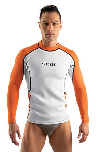 SEAC Fit Long, Maglia in Neoprene 2 mm a Maniche Lunghe, Ottima Come Sottomuta da Sub o Rash Guard da Surf e Nuoto Uomo, Bianco/Arancione, XL