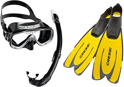 Cressi , Onda Mare Combo Set Maschera Sub E Snorkel Mexico Unisex Adulto, Nero, Taglia unica & Agua, Pinne Self Adjusting per Immersioni, Snorkeling e Nuoto Unisex Adulto, Giallo, 43/44