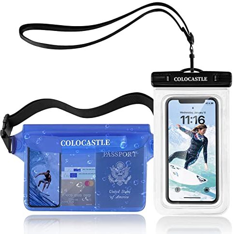 COLOCASTLE Custodia Impermeabile Smartphone, Borsa Impermeabile Mare, Sacca Stagna, Dry Bag, IP68 Marsupio Subacquea con Cintura Regolabile per Spiaggia Nuoto, Canottaggio, Pesca, Escursioni