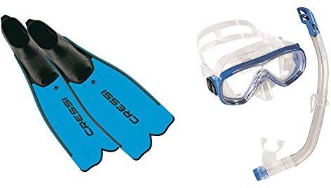 Cressi Rondinella, Pinne da Nuoto, Unisex Bambino, Blu, 33/34 + Ondina Vip Jr Combo Set Maschera Subacquea e Snorkel, Unisex – Bambino, Trasparente/Blu