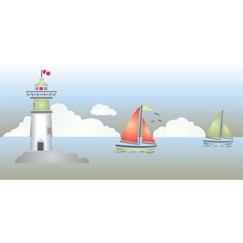 Stencil Company Faro stencil – riutilizzabile Sea Ocean nautica barca a vela di Border stencil da 37 x 15cm