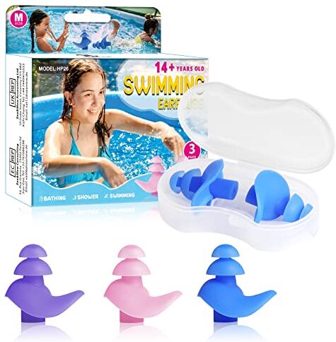 Hearprotek Tappi per Le Orecchie da Nuoto, 3 Paia Tappi per le Orecchie Riutilizzabili in Silicone per Bambini, Tappi per le Orecchie Impermeabili per Nuotatori, Doccia,Surfista (Blu/Rosa/Viola)