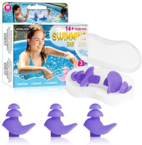 Hearprotek Tappi per Le Orecchie da Nuoto, 3 Paia Tappi per le Orecchie Riutilizzabili in Silicone per Bambini, Tappi per le Orecchie Impermeabili per Nuotatori, Doccia,Surfista (Viola)