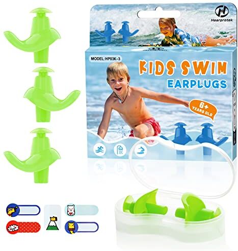 Hearprotek Tappi Orecchie Piscina Bambini,  3 Paia Tappi per le Orecchie da Nuoto, Impermeabili e Riutilizzabili per Nuotare, Doccia, Bagno e Altri Sport Acquatici (Verde)