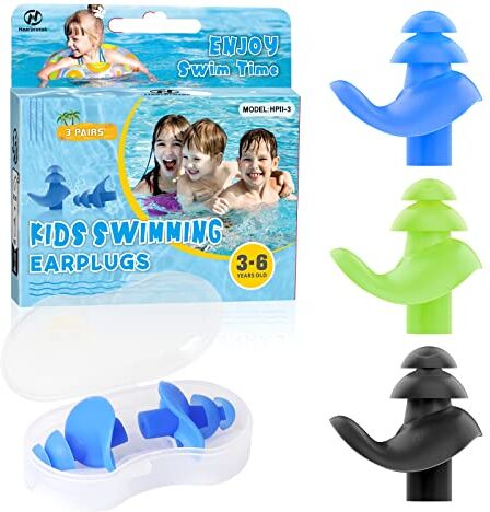 Hearprotek Tappi per le orecchie per il nuoto, 3 paia Tappi per Le Orecchie da Nuoto Riutilizzabile Impermeabile Bambini per il Nuoto Balneazione e Altri Sport Acquatici (Nero/Verde/Blu)