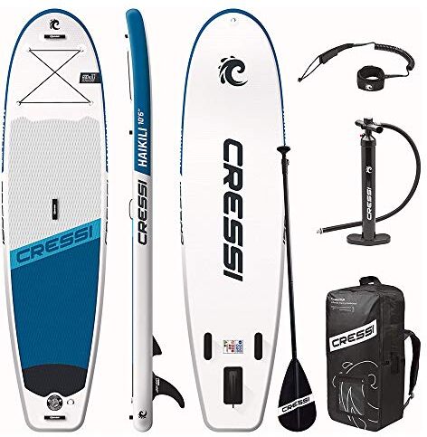 Cressi Isup Complet Set Haikili Inflatable Sup Set, Kit Tavola SUP Facile da gonfiare (meno di 10 minuti) Completo di Tutti gli Accessori per Uso e Trasporto, Bianco/Blu Navy, 10'6'', Unisex Adulto