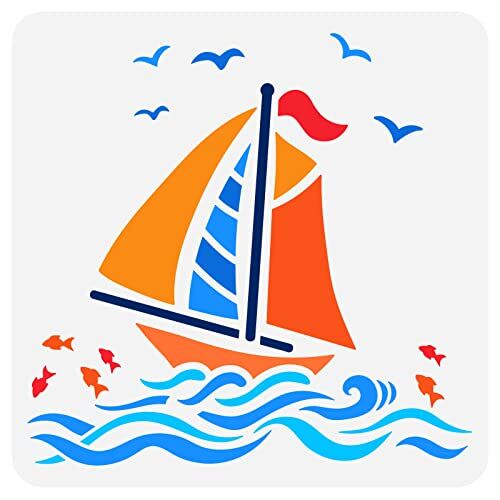 FINGERINSPIRE Stencil Nautico Barca A Vela per Dipingere 30x30 cm Scava Fuori Gabbiani Stencil Pesce di Mare Riutilizzabile Stencil Onda Acqua Marina Stencil Disegno Barca per Album Fotografico