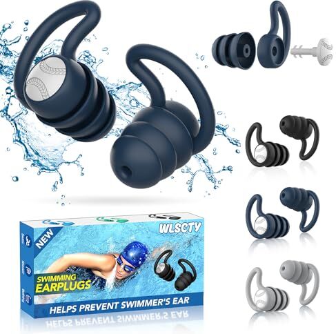 WLSCTY Tappi per le orecchie da nuoto per adulti, impermeabili, riutilizzabili, in morbido silicone, per doccia, nuoto, surf, snorkeling e altri sport acquatici (3 paia) (scuro) (nero+blu+grigio)