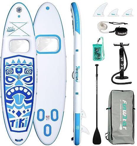 FunWater Tavola da surf gonfiabile SUP completa Paddleboard accessori pagaia regolabile, pompa, zaino da viaggio, guinzaglio, borsa impermeabile, tavola per adulti, medium size, TIKI-Blue Window