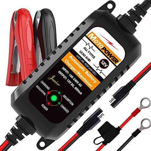 MOTOPOWER MP00205A 12V 800mA completamente automatico caricabatterie/manutentore per auto, moto, ATV, camper, Powersports, barca e altro ancora. Intelligente, compatto ed ecologico