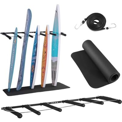VEVOR Supporto da Parete per Tavola da Surf, Supporto Verticale in Legno a 5 Livelli per Riporre ed Esporre, Organizzatore Regolabile in Metallo con Spugna per Kiteboard, Shortboard, Sci VEVOR Supporto da Parete per Tavola da Surf, Supporto Verticale in Legno a 5 Livelli per Riporre ed Esporre, Organizzatore Regolabile in Metallo con Spugna per Kiteboard, Shortboard, Sci