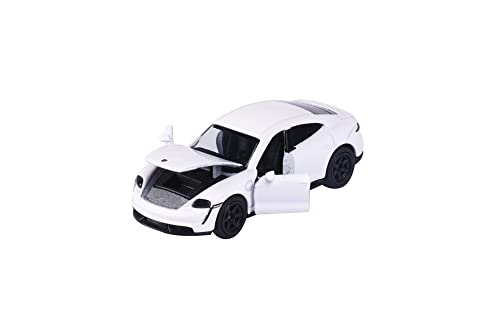 Majorette Deluxe Porsche Taycan Turbo S (bianco) – auto giocattolo di alta qualità (7,5 cm) con ruota libera, carrozzeria Die-Cast e sospensioni con scatola di raccolta, per bambini dai 3 anni in su