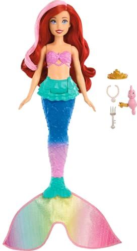 Mattel Disney Princess Ariel Principessa dei Mari, bambola sirena con capelli e coda che cambiano colore in acqua, coda mobile per nuotare, giocattolo per bambini, 3+ anni,