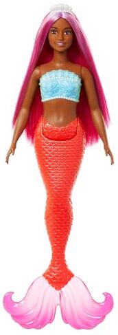 Barbie Sirena, Bambola Capelli e Cerchietto Fantasia Magenta, Silhouette Curvy con Corpetto Ispirato alle Conchiglie e Coda Rossa Tropicale, Giocattolo per Bambini, 3+ Anni,