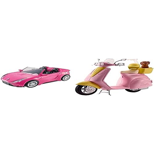Barbie Cabrio Glamour Auto Due Posti con Dettagli Realistici, Colore Rosa, DVX59 & Scooter e Cagnolino, Moto con Cucciolo e Casco, Bambola Non Inclusa, per Bambini 3 + Anni, FRP56