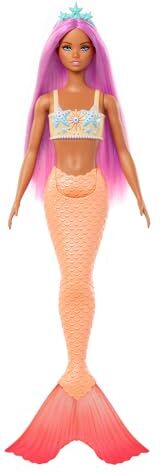 Barbie Sirena, Bambola Capelli e Cerchietto Fantasia Rosa, con Corpetto Ispirato alle Stelle Marine e Morbida Coda Arancione, Giocattolo per Bambini, 3+ Anni,