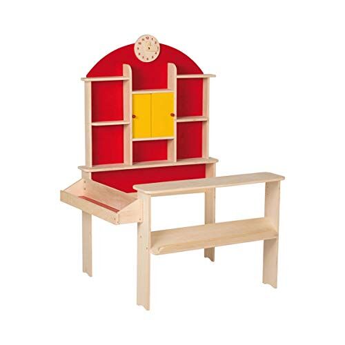 roba Grande Negozio Giocattolo per Bambini con Mensole e Cassetti Accessori Vari Inclusi Stand Vendita con 2 Piani di Lavoro Legno Massiccio Naturale e Rosso