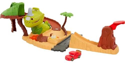 Mattel Disney Pixar Cars On The Road Set Parco dei Dinosauri, playset con macchinina Saetta McQueen, un dinosauro e azione attivabile, giocattolo per bambini, 4+ anni,