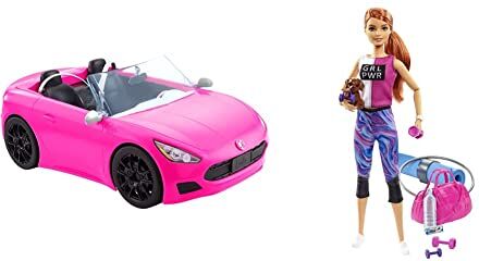 Barbie Cabrio Veicolo Decapottabile Rosa a Due Posti con Ruote Funzionanti e Dettagli Realistici, HBT92 & Wellness Playset Sport con Bambola e Accessori Giocattolo, GJG57