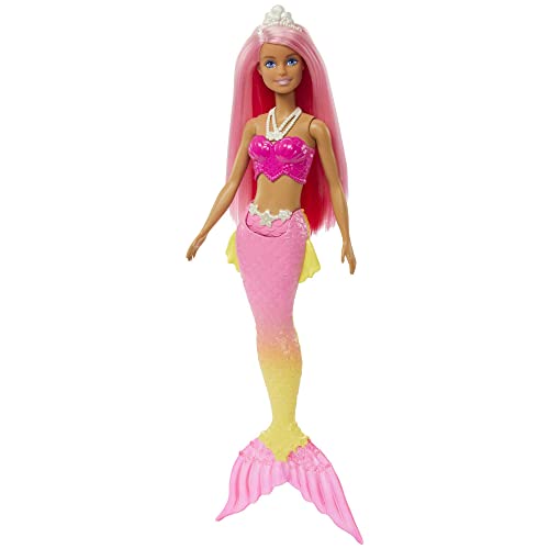 Barbie Dreamtopia Sirena Bambola capelli rosa con coda rosa e giallo sfumati e coroncina, Giocattolo per Bambini 3+ Anni,