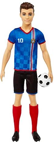 Barbie Ken Calciatore Bambola, Capelli Corti, Divisa Colorata con n. 10, Pallone da Calcio, Scarpe con Tacchetti, Calzettoni, Giocattolo per Bambini 3+ Anni,