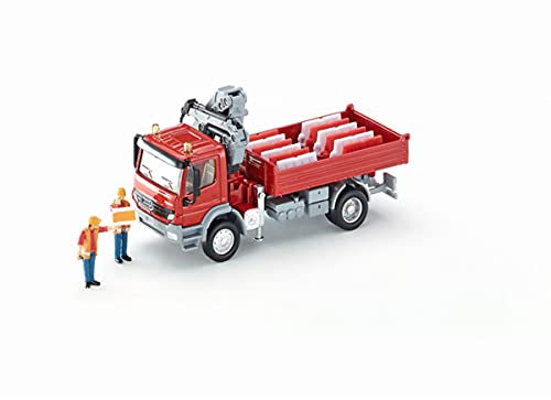 Siku 3534, Camion con superficie di carico e gru, Metallo e Plastica, Rosso, Con 2 figurine e 12 blocchi di deviazione del traffico
