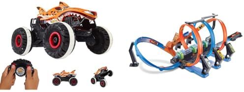 Hot Wheels Monster Trucks Tiger Shark l'Inarrestabile Veicolo Radiocomandato & Pista Schianti Rotanti con Propulsori Motorizzati