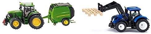 Siku 1665, Trattore John Deere con pressa per balle con 2 balle incluse, Metallo/Plastica, Verde, Parti mobili & 1544, Trattore Giocattolo per Bambini New Holland