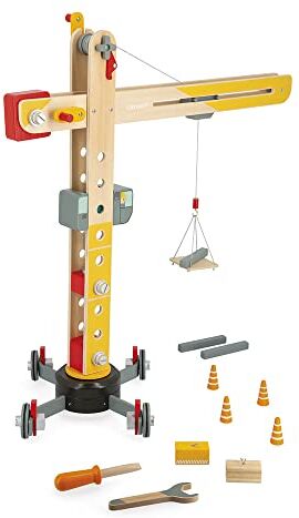 Janod Grande Gru in Legno 74 cm Giocattolo di Imitazione Gioco di Costruzione Rotazione a 360° e Mobile 12 Accessori Inclusi Certificato FSC Dai 3 Anni,