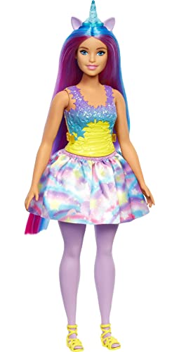 Barbie Dreamtopia Unicorno Bambola curvy, capelli blu e viola con gonna, coda e cerchietto da unicorno rimovibili, Giocattolo per Bambini 3+ Anni,