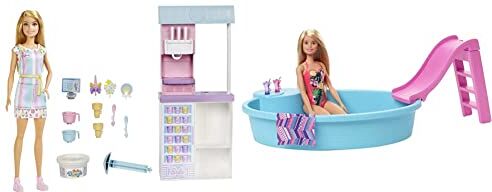 Barbie Playset Gelateria con Bambola con Macchina per Gelato, Accessori, 2 Tipi di Pasta Modellabile, HCN46 & Playset Bambola con Piscina e Accessori GHL91