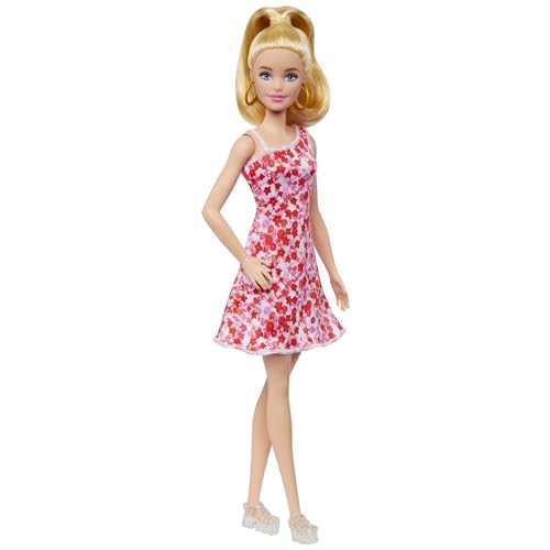 Barbie Bambola Fashionistas con coda bionda, abito floreale rosa e rosso, sandali con plateau e orecchini a cerchio, giocattolo per bambni, 3+ anni,