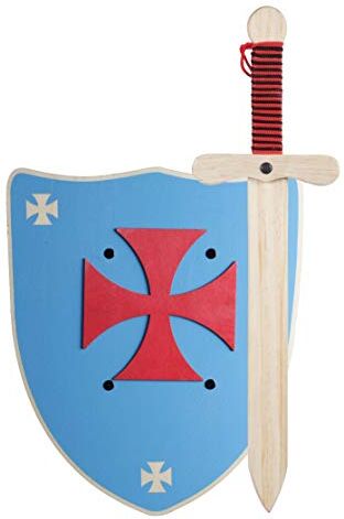 GERILEO Spada e Scudo da Cavaliere in Legno Fatti a Mano Giocattolo Bambino, Bambina, Bambini Complemento Giochi, Giochi Imitazione, Costume, Medievale, Guerriero, Festa Tema, Medioevo (Scudo Blu XL)