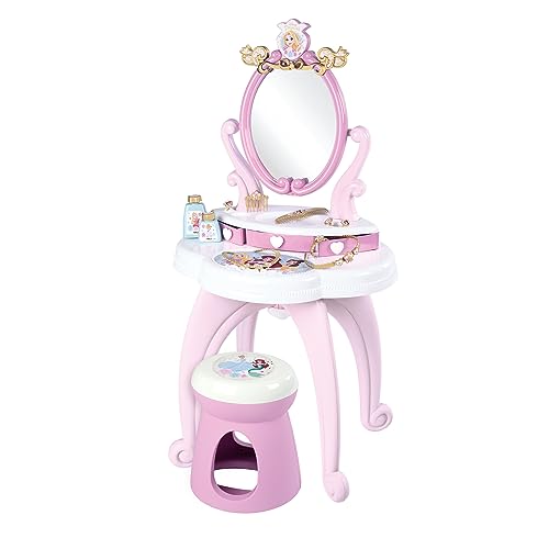Smoby Disney Princess specchiera 2 in 1, 7600, +3 anni, con sgabello, specchio girevole, da specchiera a tavolo, 10 accessori