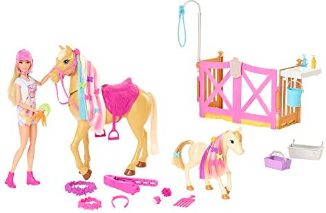 Barbie - Il Ranch, Playset con Bambola Bionda, 2 Cavalli e Oltre 20 Accessori per Spazzolare e Coccolare Gli Animali, Giocattolo per Bambini 3+Anni, , Imballaggio Sostenibile