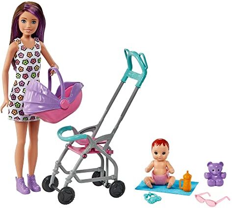 Barbie Skipper Babysitter Playset con bambola Skipper babysitter (castana), passeggino, bebè e 5 accessori, Giocattolo per Bambini 3+ Anni,