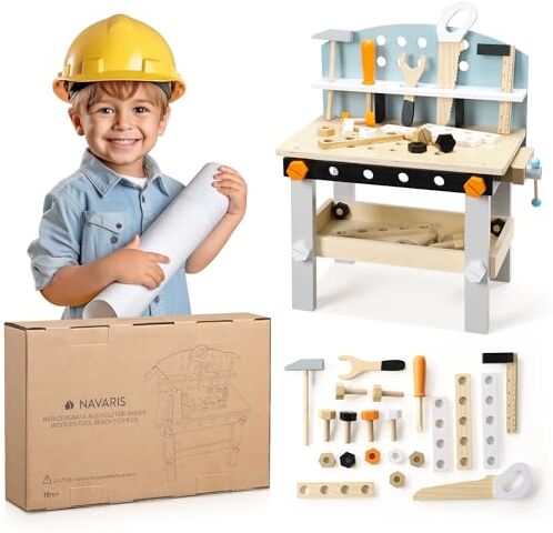 Navaris Banco Lavoro Bambini Legno Banchetto Set Attrezzi da Lavoro Giocattolo Banco da Falegname Gioco Tavolo Officina Idea Regalo Bambino 1 Anno e Mezzo