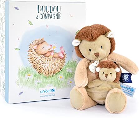 Doudou et Compagnie Peluche Riccio con bambino 25 cm Beige Bella scatola regalo Bambino e me Unicef