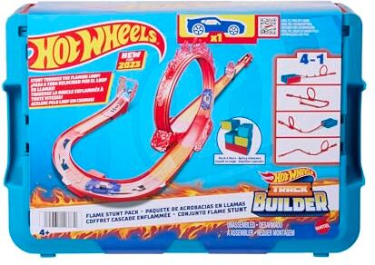 Hot Wheels pista tema fuoco e 1 macchinina, 16 pezzi di pista e componenti per acrobazie in confezione impilabile, giocattolo per bambini 4+ Anni,