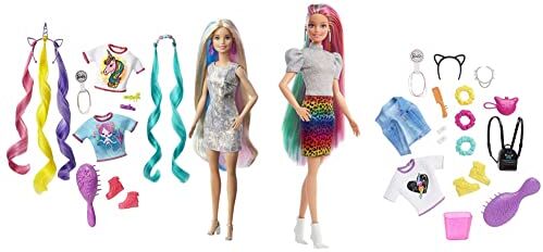 Barbie Bambola Capelli Fantasia A Tema Unicorni E Sirene con Accessori, Giocattolo Per Bambini 3+ Anni, GHN04 & ​Bambola Capelli Multicolor con Funzione Cambia Colore